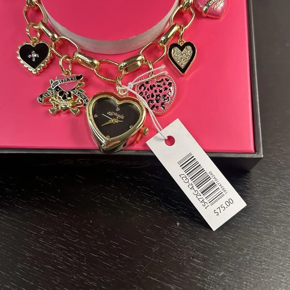 Ed Hardy NIB Gold Heart Charm Watch Bracelet Jewelry Y2K 2000s Style